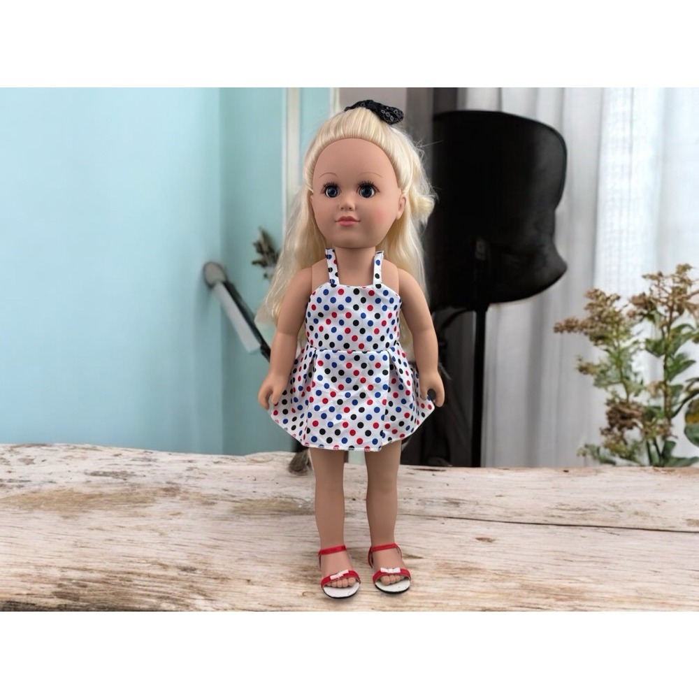 Red, Blue & Black Polka‎ Dot Doll Dress With Sandals And Black Bow Fits 18" Doll